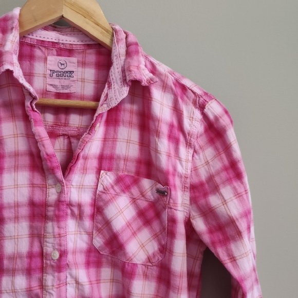 PINK Victoria's Secret Pink Plaid Long Sleeve Button Down Top Size Small - Picture 3 of 5